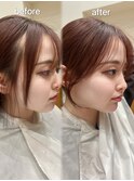 前髪顔まわり小顔似合わせミディアムレイヤーブリーチなしカラー