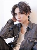 メンズセンターパート波巻きスパイラルパーマアッシュブラック