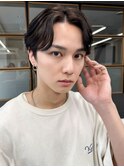 毛流れセンターパート無造作パーマツーブロック刈り上げ