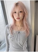 ブリーチハイトーンペールピンクロングレイヤーハッシュカット