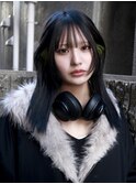 黒髪グレーベージュレイヤーロングアッシュカラー前髪パーマ