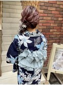 浴衣着付け　ゆるふわ編み下ろしヘア　兵児帯アレンジ　着物