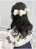 ミディアムヘアでハーフアップ　着物