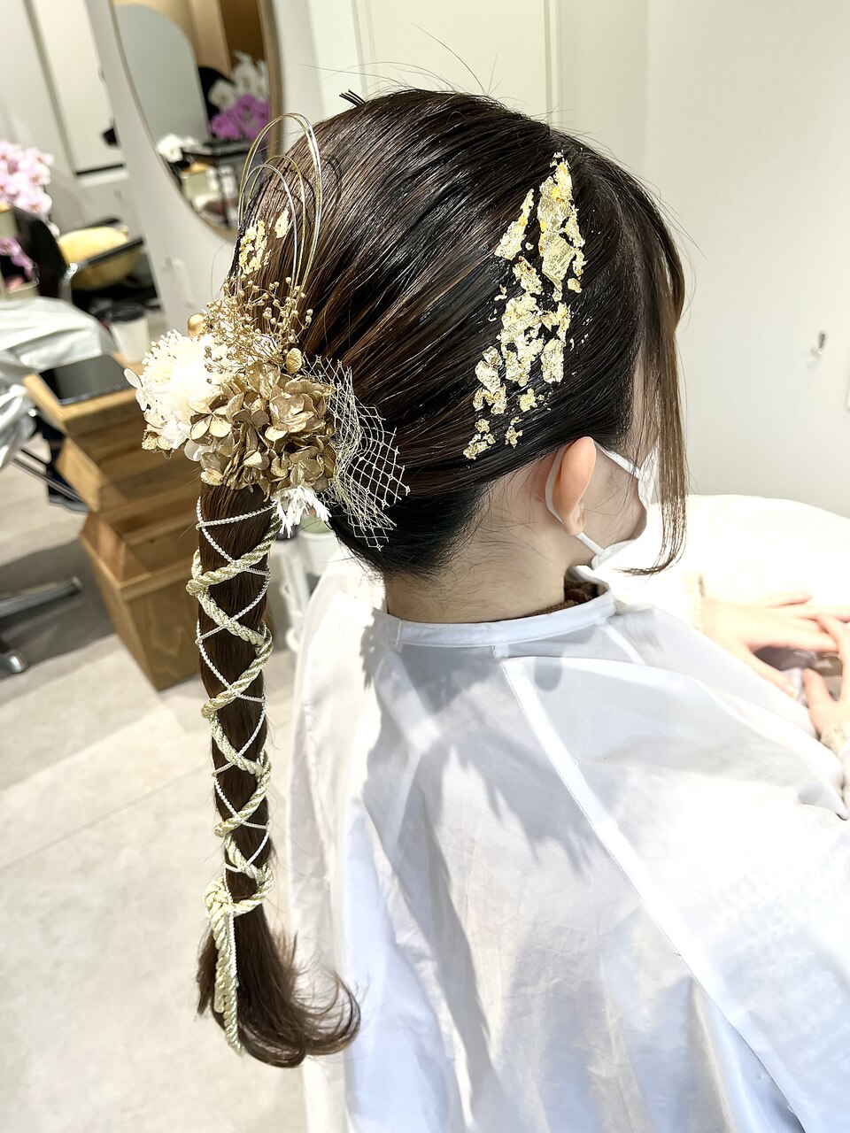 入学式卒業式成人式ヘアセット水引きアレンジ金箔ドライフラワー