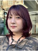 ミディアムレイヤー赤髪レイヤーダブルカラーカシスレッド