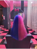 原色派手髪　ツートン　原色ピンク　原色ブルー