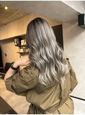 バレイヤージュ、ハイライト、レイヤーロング、グレーベージュ
