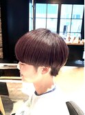 丸みショートボブピンクブラウン前髪なし小顔カット
