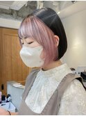 内におさまる丸ボブインナーカラーブリーチ横浜成田