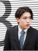 ゆる波巻き センターパート メッシュ 黒髪 スーツ 1