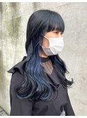 ＊ワイドフルバング！インナーカラーブルー×暗髪ブルーブラック