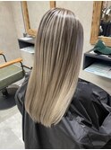 バレイヤージュ、ハイライト、レイヤーロング、グレーベージュ