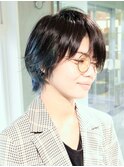ウルフカット ブルー ダブルカラー グラデーションカラー