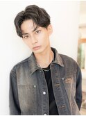 アッシュブラックセンターパート束感コンマヘアハイライト
