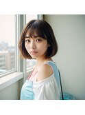 グレーアッシュシースルーバング巻き髪風パーマ