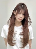 ミディアムレイヤーロングレイヤー顔周りピンクベージュ
