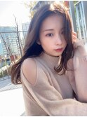 小顔薄めバンググレージュレイヤーロング前髪パーマ黒髪