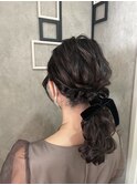 ローポニー ベロアリボン 結婚式ヘア 参列ヘア  デートヘア