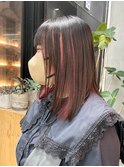 ミディアム　インナーカラー　赤　ピンク　推しカラー