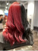 無造作ウェーブ×ピンクレッド×黒髪ツートンカラー20代30代40代