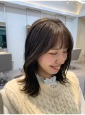 くびれミディアム_グレーベージュレイヤーロング黒髪前髪パーマ
