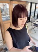 ミニボブ/切りっぱなしボブ/前髪あり/ボルドー/チェリーレッド