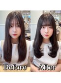 暗髪透明感小顔前髪顔まわりレイヤーカットストレート