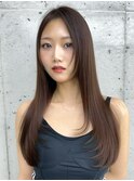 美髪カールピンクブラウン韓国ヘアロングセミディ似合わせ前髪