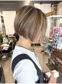 ぱっつんボブ ハイライト ハイトーン カット カラー 白髪ぼかし