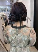 ヘアセット　お団子ツイン　リボンアレンジ　結婚式　20代30代