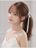 ミルクティーベージュミディアムヘアラベンダーカラー薄め前髪◎