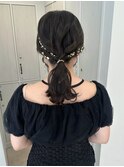 ヘアアレンジ　ミディアム　セット　ポニーテール　金箔