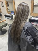 バレイヤージュ、ハイライト、レイヤーロング、グレーベージュ
