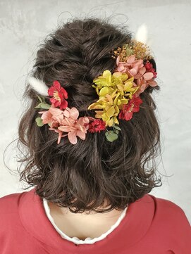 セットアップ 倉敷中庄店(SET-UP) 卒業式 ドライフラワー ボブ 編み込み パーマ ボブ アレンジ