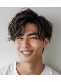 ミディアムパーマ【五香#メンズカット#＜理容室＞#ブリーチ#眉毛