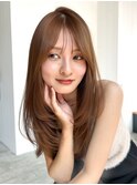 オリーブベージュロング前髪カット顔周りレイヤー_F21244
