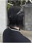 シースルーバング/黒髪/外はねバブ/金箔アレンジ/お呼ばれヘア