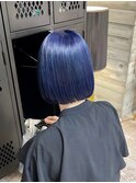 ブルーカラーネイビーブルーブルージュ青髪ボブダブルカラー艶髪