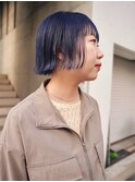 コバルトブルー ブリーチ 深みブルー 色落ち綺麗 艶カラー ボブ 