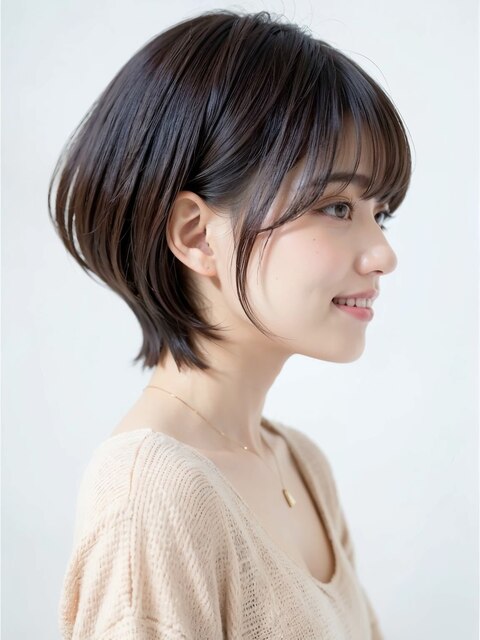 大人ヘアスタイル 黒髪 ひし形丸みショートボブ小顔くびレイヤー