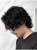 ミディアムパーマ　スパイラルパーマ　アッシュブラック　ウルフ