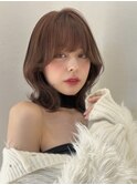 ミディアム顔まわりレイヤー韓国くびれヘア艶感マロンベージュ