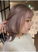 レディースミディアムボブレイヤーダブルカラーピンクベージュ