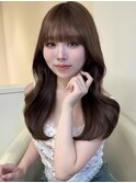 ピンクブラウンミディアムレイヤー大人可愛い顔まわりレイヤー