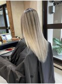 バレイヤージュ、ハイライト、レイヤーロング、グレーベージュ