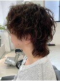 メンズミディアム ウルフヘア ニュアンスパーマ ダークブラウン