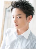アッシュブラック清潔感アップバング短髪フェザーパーマk与野