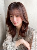 ミニウルフ前髪パーマ韓国くびれミディアムチェリーブラウン