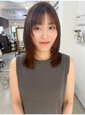 酸熱カラーブラウンベージュフェイスレイヤーセミロング前髪あり