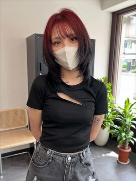 ウルフカット/デザインカラー/レッド×ブラック